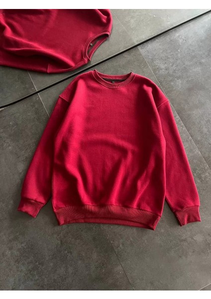 Kışlık Bisiklet Yaka Üç Iplik Basic Sweatshirt - Bordo