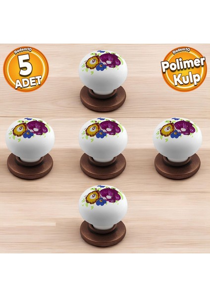 Eymen Polimer Düğme Kulp Çiçek Antik Bakır Mobilya Mutfak Çekmece Dolap Kulbu 5 Adet