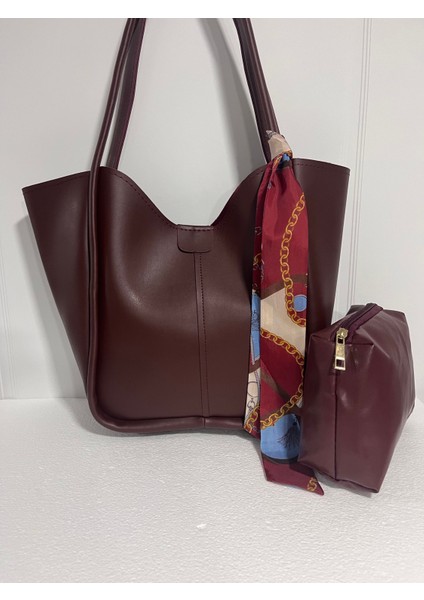 Kadın Bordo Orta Boy Makyaj Çantalı El ve Omuz Çantası