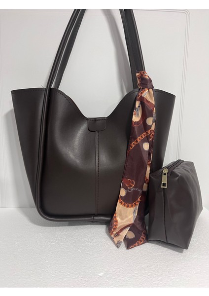 Kadın Acı Kahve Orta Boy Makyaj Çantalı El ve Omuz Çantası