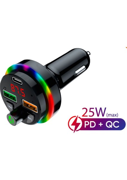 Sft-1 Bluetooth Görüşme ve Müzik Rgb Fm Transmitter 25W Qc 3.0 Pd + 3.1A Çift USB Şarj