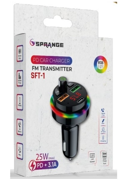 Sft-1 Bluetooth Görüşme ve Müzik Rgb Fm Transmitter 25W Qc 3.0 Pd + 3.1A Çift USB Şarj