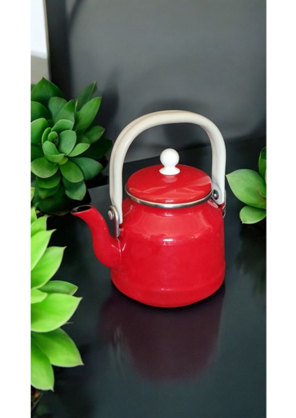 Emaye Demlik Üstten Saplı 1 Litre Kırmızı Vintage Çaydanlık