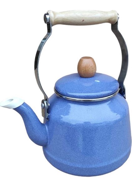 Ahşap Saplı Üstten Tutmalı Vintage Emaye Demlik 2.5 Litre Mavi Çaydanlık