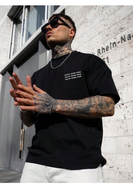 Erkek Faith Over Baskılı Oversize T-Shirt