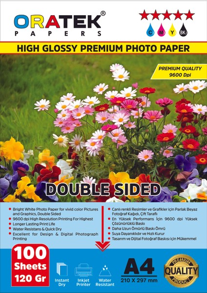 Papers Hp Yazıcılar Için Premium Double Sided (Çift Taraflı) Parlak A4 Fotoğraf Kağıdı 120 Gr. 100 Yaprak