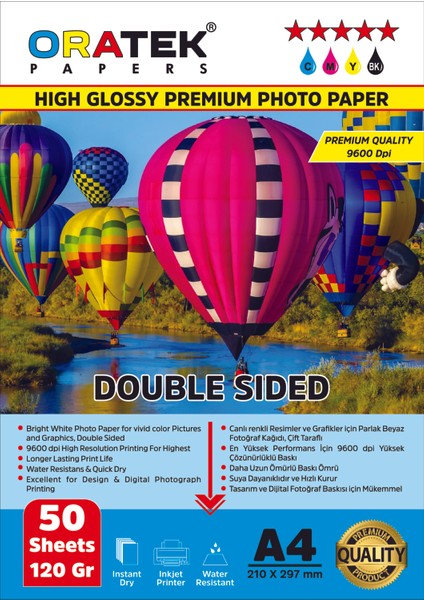 Papers Hp Yazıcılar Için Premium Double Sided (Çift Taraflı) Parlak A4 Fotoğraf Kağıdı 120 Gr. 50 Yaprak