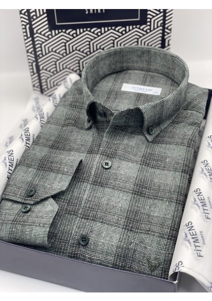 Klasik Uzun Kol Kışlık %100 Cotton Yaka Düğmeli Hediye Kutulu Erkek Gömlek (Code: AD.2268) - Yeşil
