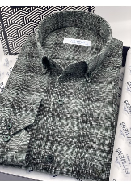 Klasik Uzun Kol Kışlık %100 Cotton Yaka Düğmeli Hediye Kutulu Erkek Gömlek (Code: AD.2268) - Yeşil modelleri
