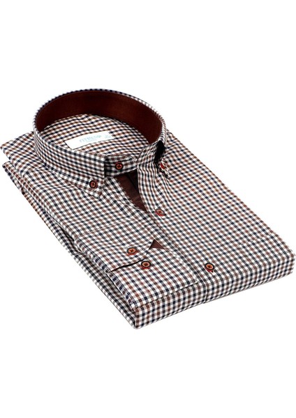 Klasik Uzun Kol King Kareli Hediye Kutulu Erkek Gömlek - Kahverengi