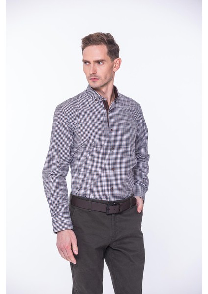 Klasik Uzun Kol King Kareli Hediye Kutulu Erkek Gömlek - Kahverengi modelleri