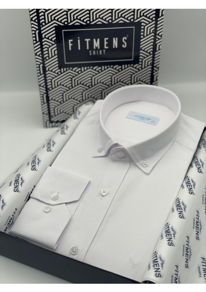 Klasik Uzun Kol Yaka Düğmeli Cepsiz Erkek Hediye Kutulu Gömlek(Code: KR.9510) - Beyaz