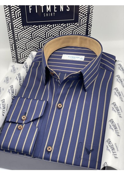 Klasik Uzun Kol Premium Çizgili T.1338 Gömlek - Lacivert Bej