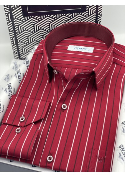 Klasik Uzun Kol Premium Çizgili T.1336 Gömlek - Bordo fiyatları