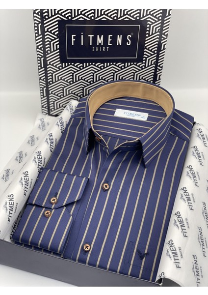 Klasik Uzun Kol Premium Çizgili T.1338 Gömlek - Lacivert Bej fiyatları