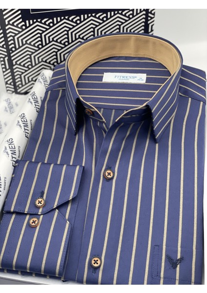 Klasik Uzun Kol Premium Çizgili T.1338 Gömlek - Lacivert Bej modelleri