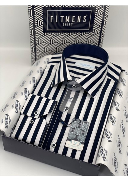Klasik Uzun Kol Çizgili Cepsiz Likralı Hediye Kutulu Erkek Gömlek ( CODE:H.1453) - Lacivert Beyaz
