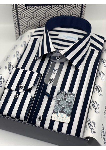 Klasik Uzun Kol Çizgili Cepsiz Likralı Hediye Kutulu Erkek Gömlek ( CODE:H.1453) - Lacivert Beyaz fiyatları