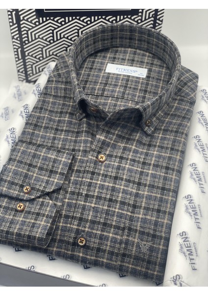 Klasik Uzun Kol Kışlık Yaka Düğmeli %100 Cotton Hediye Kutulu Erkek Gömlek (Code: AD.2279) - Siyah Bej