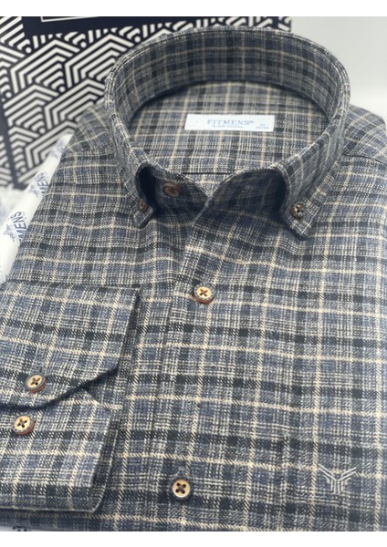 Klasik Uzun Kol Kışlık Yaka Düğmeli %100 Cotton Hediye Kutulu Erkek Gömlek (Code: AD.2279) - Siyah Bej modelleri