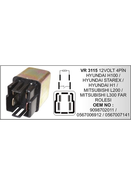 Vr 3115 12V 4p Hyundaı H-100-L-300 Far Röle