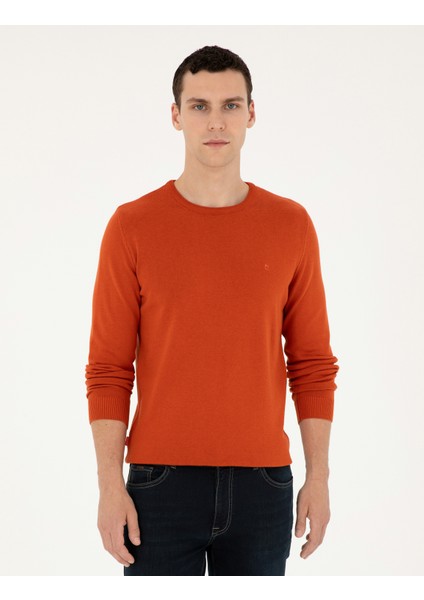 Erkek Turuncu Slim Fit Bisiklet Yaka Basic Triko Kazak 50296575-VR051