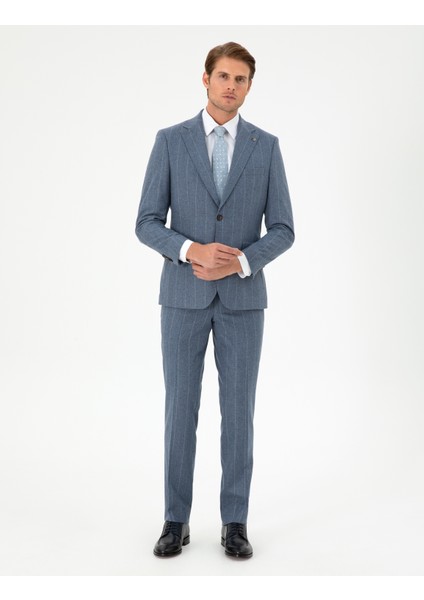 Erkek Koyu Mavi Slim Fit Çizgili Yün Kaşmir Karışımlı Takım Elbise 50291986-VR032