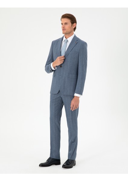 Erkek Koyu Mavi Slim Fit Çizgili Yün Kaşmir Karışımlı Takım Elbise 50291986-VR032 fırsatları