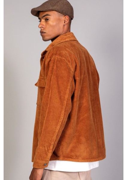 Erkek Camel Gömlek Model Oversize Pamuklu Kadife Ceket