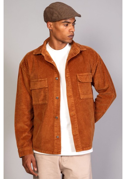 Erkek Camel Gömlek Model Oversize Pamuklu Kadife Ceket