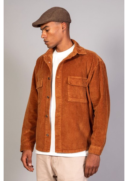 Erkek Camel Gömlek Model Oversize Pamuklu Kadife Ceket