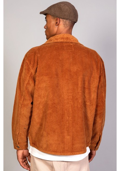 Erkek Camel Gömlek Model Oversize Pamuklu Kadife Ceket