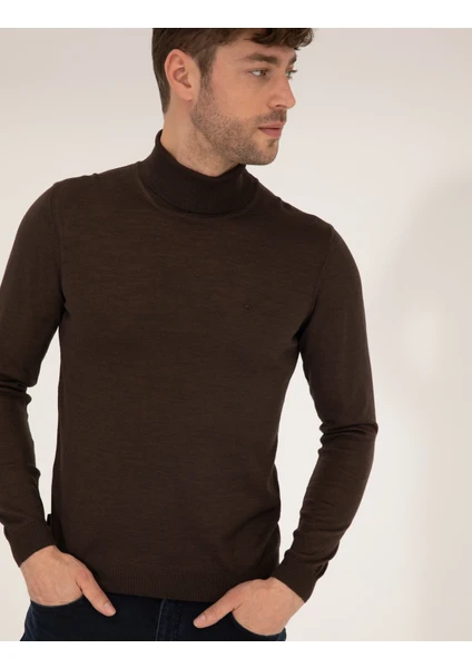 Pierre Cardin Erkek Kahverengi Slim Fit Balıkçı Yaka Yün Karışımlı Basic Triko Kazak 50257302-VR029