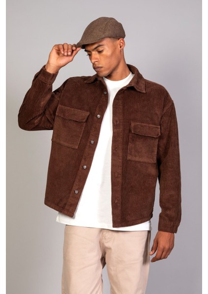Erkek Kahve Gömlek Model Oversize Pamuklu Kadife Ceket
