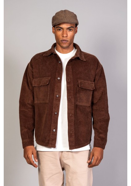 Erkek Kahve Gömlek Model Oversize Pamuklu Kadife Ceket modelleri