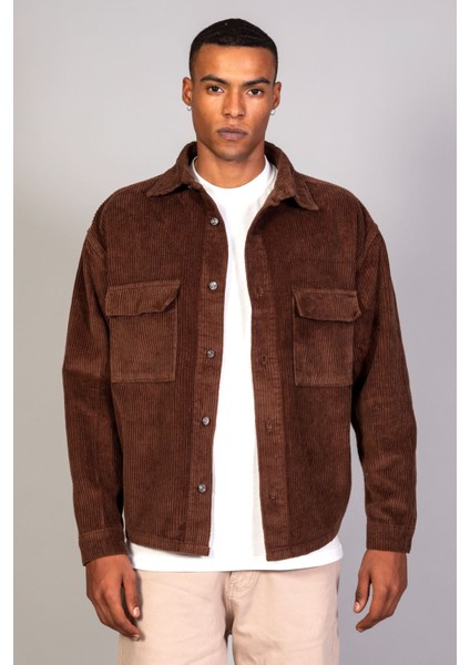 Erkek Kahve Gömlek Model Oversize Pamuklu Kadife Ceket fırsatları