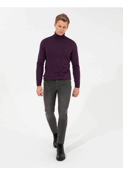 Erkek Mor Slim Fit Balıkçı Yaka Basic Triko Kazak 50257158-VR038