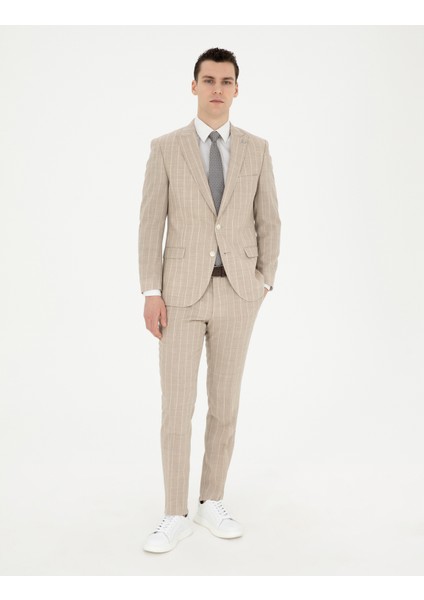 Erkek Bej Ekstra Slim Fit Çizgili Yün Takım Elbise 50285416-VR011