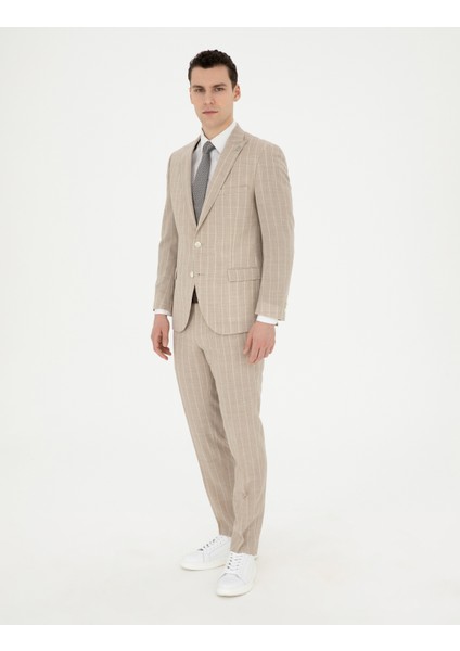 Erkek Bej Ekstra Slim Fit Çizgili Yün Takım Elbise 50285416-VR011 modelleri