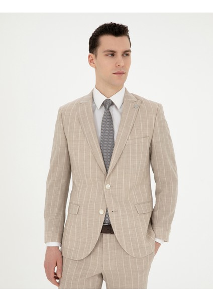 Erkek Bej Ekstra Slim Fit Çizgili Yün Takım Elbise 50285416-VR011 fırsatları