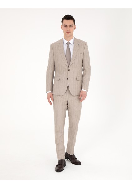 Erkek Bej Slim Fit Yün Keten Karışımlı Çizgili Takım Elbise 50285350-VR011