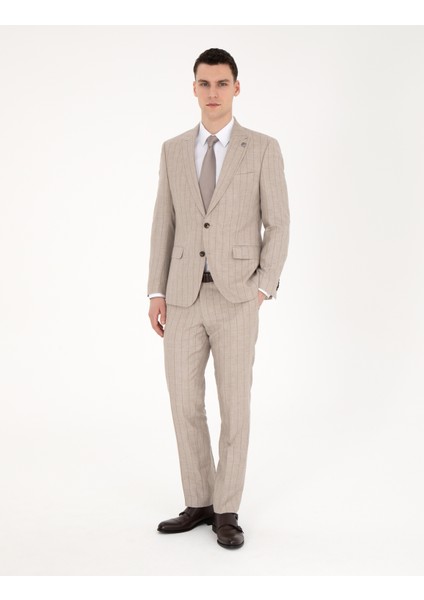 Erkek Bej Slim Fit Yün Keten Karışımlı Çizgili Takım Elbise 50285350-VR011 modelleri