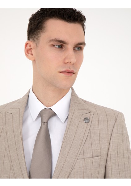 Erkek Bej Slim Fit Yün Keten Karışımlı Çizgili Takım Elbise 50285350-VR011 fırsatları