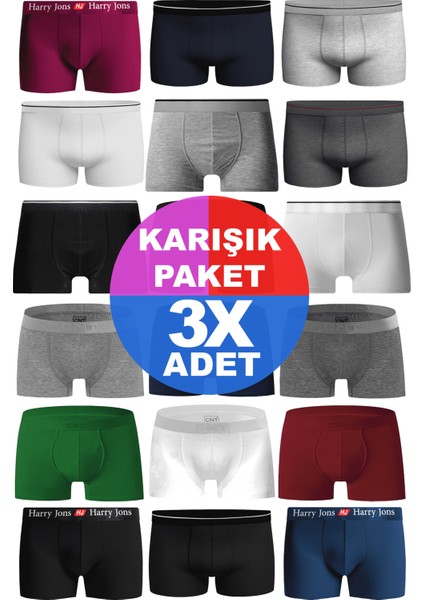 Erkek 3 Adet Rastgele Sürpriz Düz Renk Pamuklu Boxer - Özel Gizemli Paketinde Sürpriz Boxer