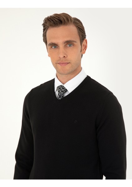 Erkek Siyah Slim Fit V Yaka Basic Triko Kazak 50296583-VR046 fiyatları