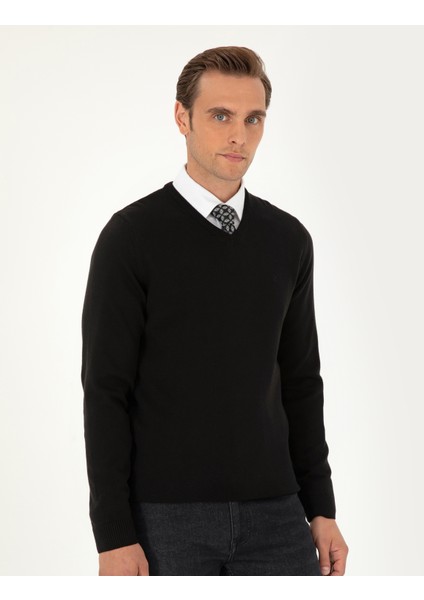 Erkek Siyah Slim Fit V Yaka Basic Triko Kazak 50296583-VR046 modelleri