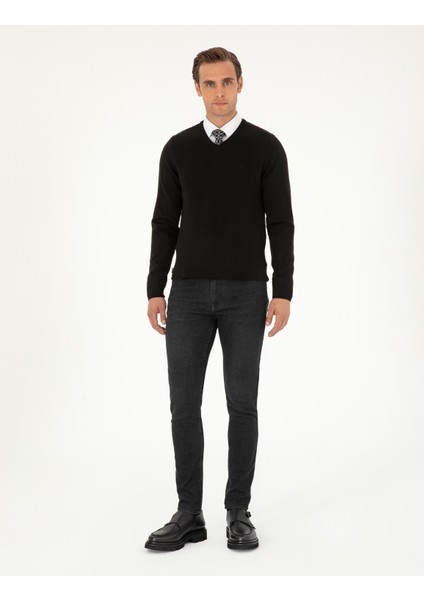 Erkek Siyah Slim Fit V Yaka Basic Triko Kazak 50296583-VR046 fırsatları