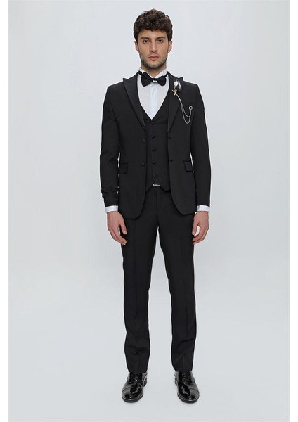 Siyah Armürlü Kırlangıç Yaka Tam Astar Yelekli 6 Drop Slim Fit Dar Kesim Smokin Damatlık 1001225178