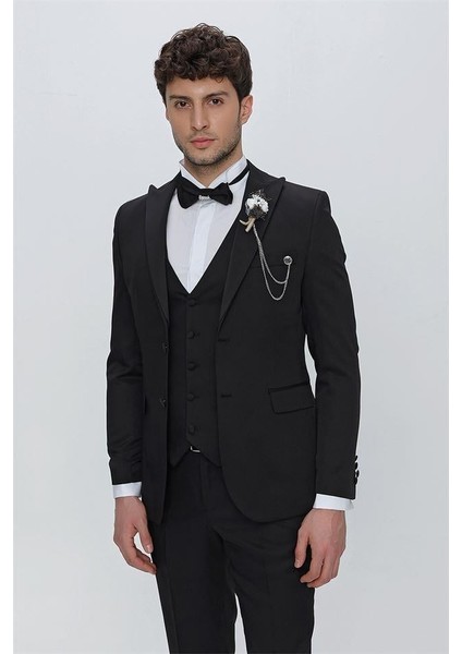 Siyah Armürlü Kırlangıç Yaka Tam Astar Yelekli 6 Drop Slim Fit Dar Kesim Smokin Damatlık 1001225178