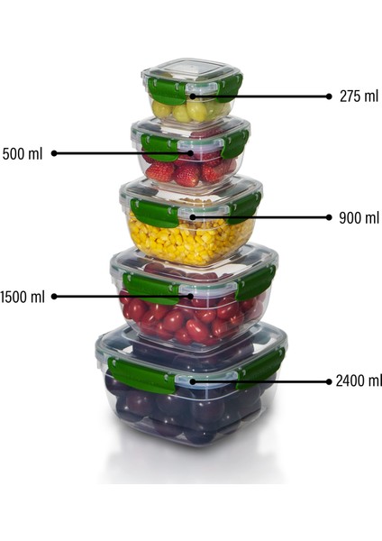 5'li Set Master Kare Saklama Kabı (275 ml - 500 ml - 900 ml - 1500 ml - 2400 Ml)